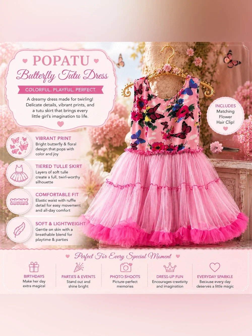 Popatu Pink Butterfly Tulle Dress Girls 3-4 + Matching Hair Clip